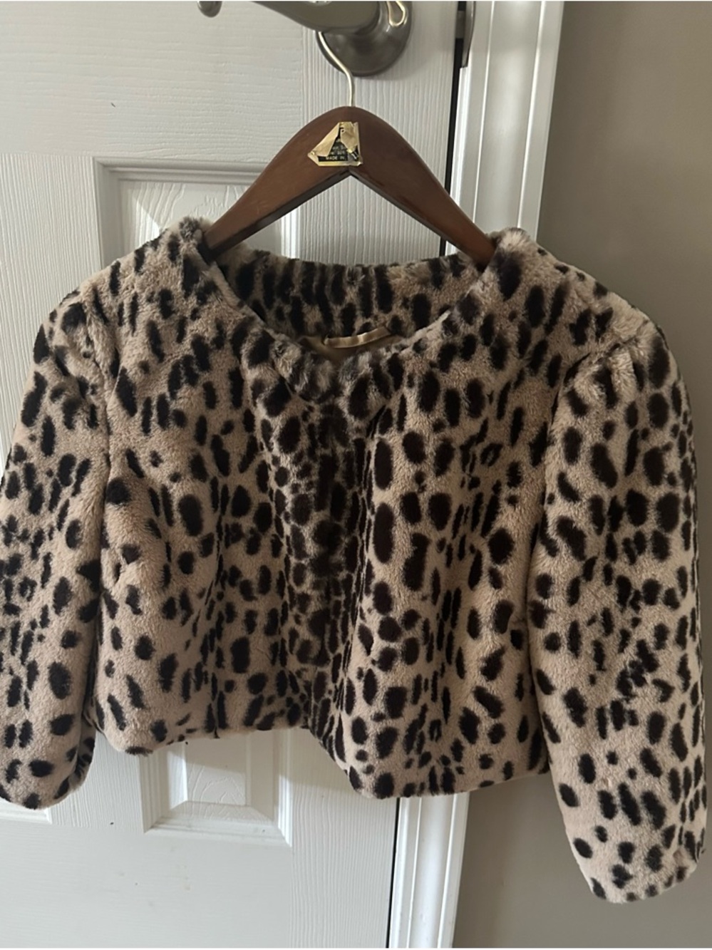 Betsey Johnson Beige and Black Leopard Print Faux Fur Cropped Bomber Jacket